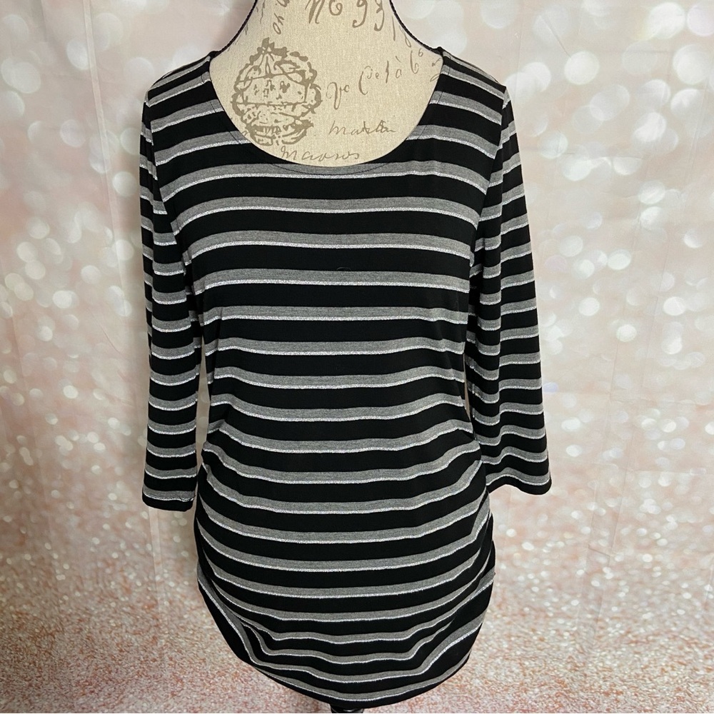 Massini Black and Gray Striped Long Sleeve Top Large